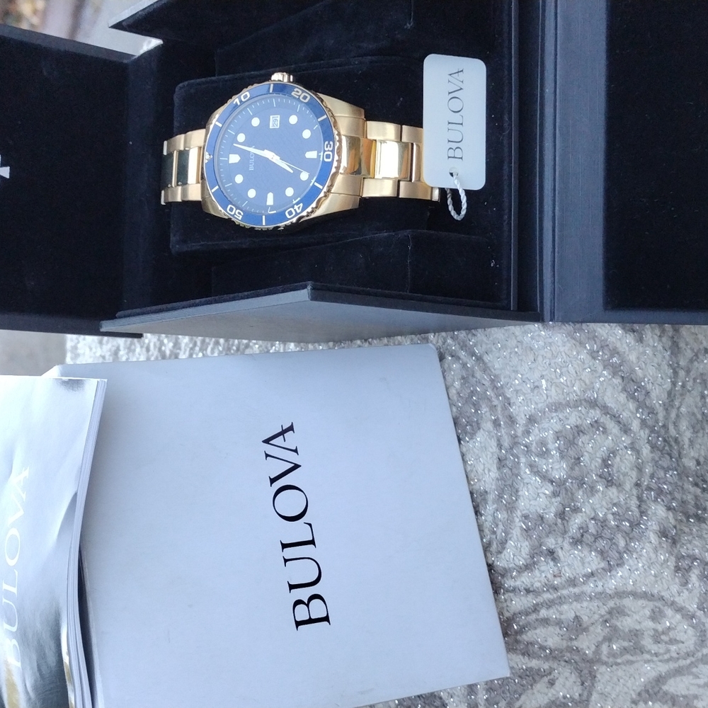 (SOLD)Bulova Men's Quartz Gold-Tone Date Indicator Blue Dial Watch 43mm 98A197 - Picture 5 of 12